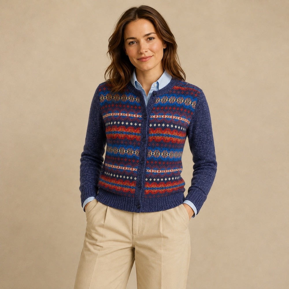 Vintage Fair‎ Isle Cardigan Sweater Navy Red Nordic Preppy Medium Heritage Knit